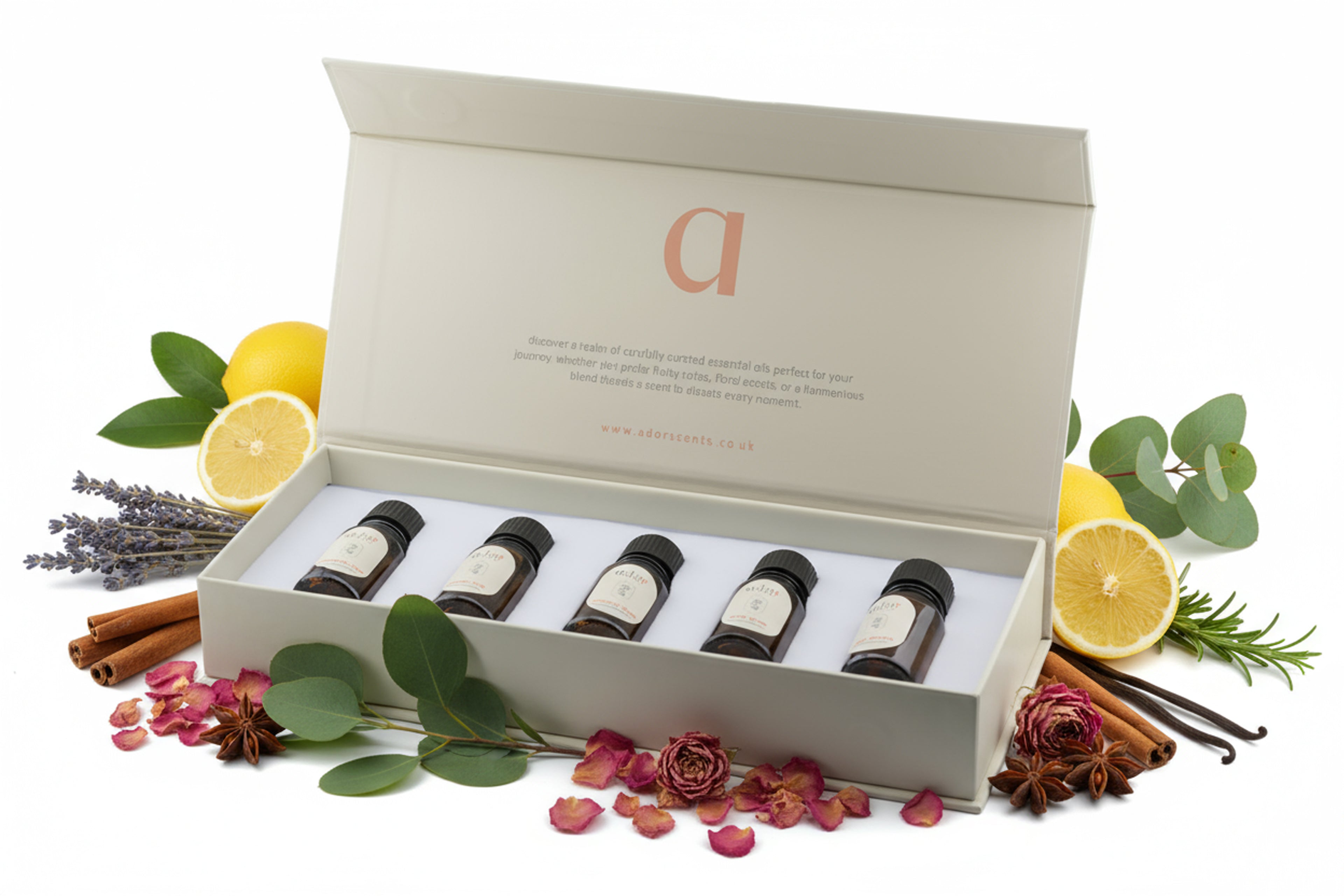 Floral Scents Collection by Ador Scents, 5 x 10ml xquisite essential oil blends, each bottled emotion, each designed exclusively for the waterless precision of your AromaDrive diffuser.