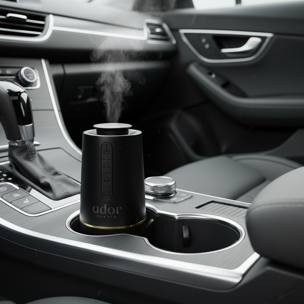 AromaDrive car diffuser prefectly seated in a car's cup holder.