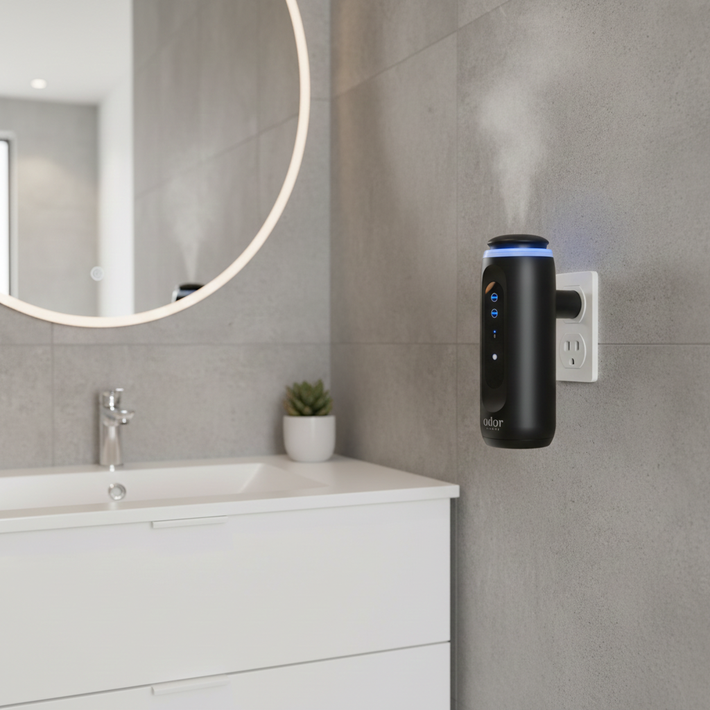 AromaPlugin by Ador Scents a discreet essential oil diffuser. No water. No tank. No countertop space required. Simply Plug-In your bathroom