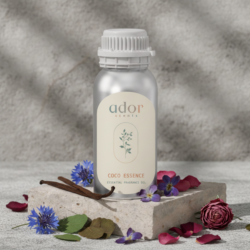Coco Essence by Ador Scents, a blend crafted with Sweet Orange, Vanilla, Blue Flower, Leaves, Violet, Patchouli Rose, Lily of the Valley, Jasmine, Ocean & White Musk