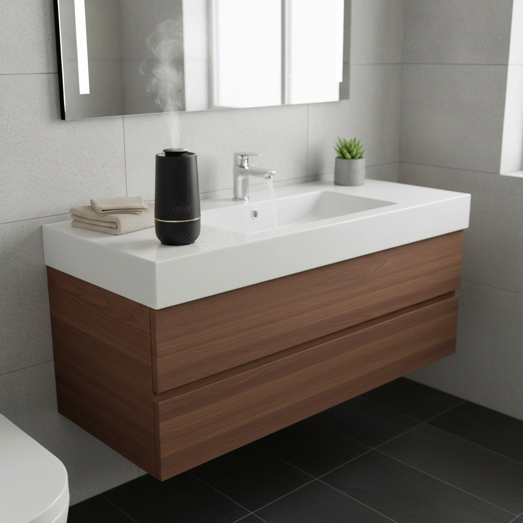 AromaDrive Scent Diffuser on a wooden cabinet and white countertop in a bathroom.