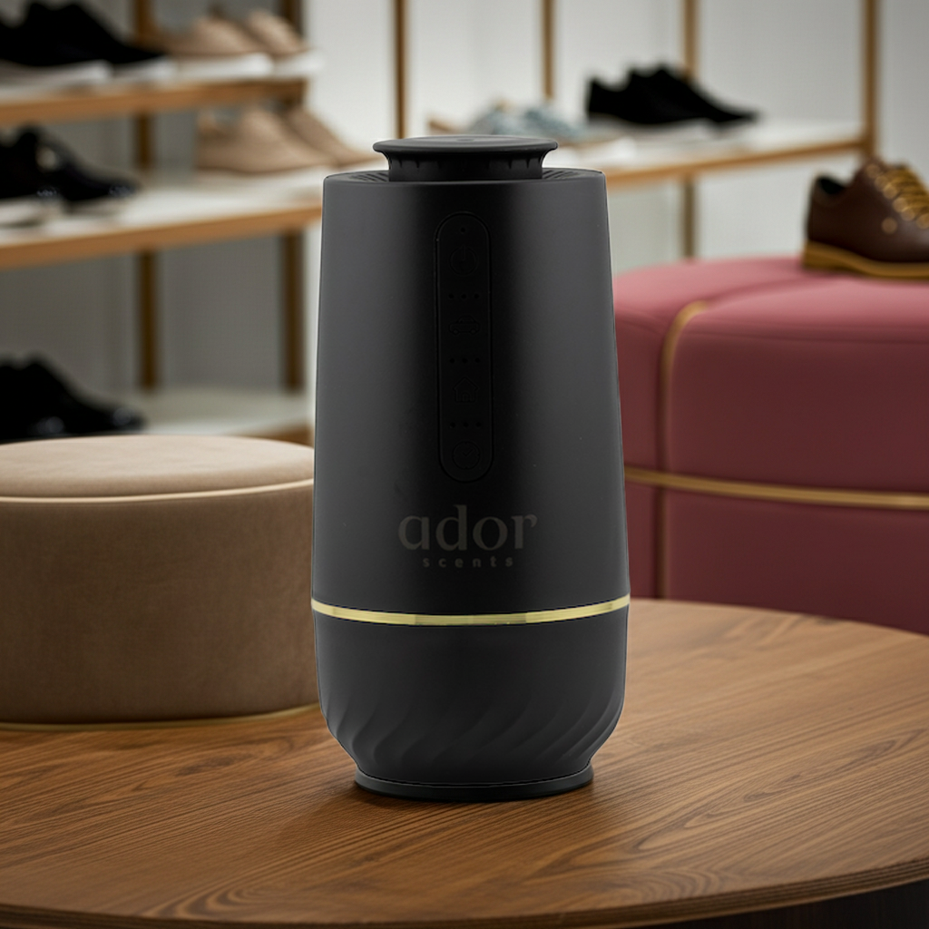 AromaDrive Diffuser on a wooden surface, blurred shoe store background