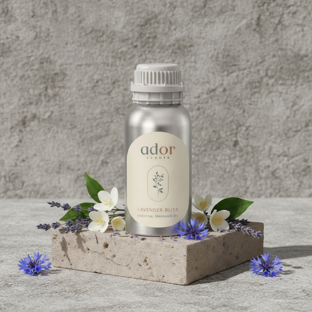 Lavender Bliss by Ador Scents, a blend of Blue Flower,	Sweet Fruit, Musk, Jasmine, Ocean, Lily of the Valley &	Lavender